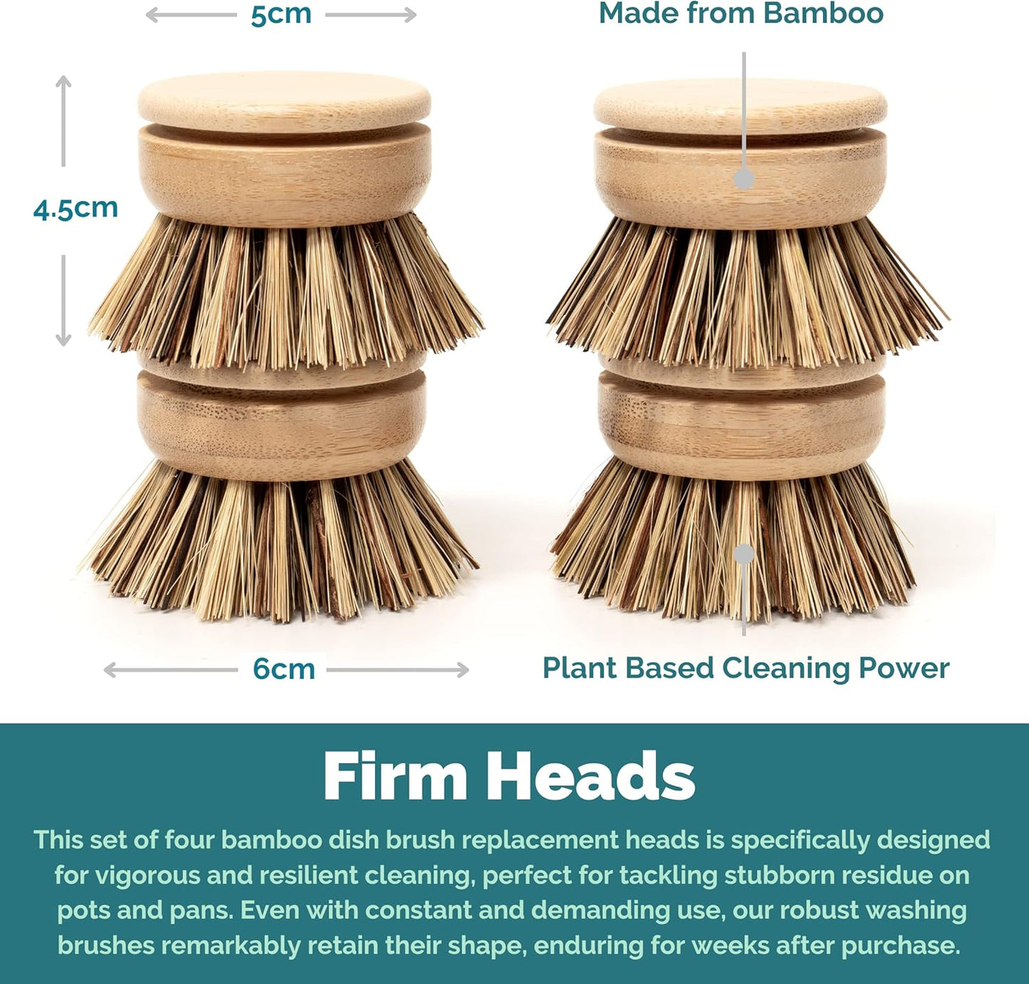 Jungle Culture Firm Bristle Replacement Brush Heads for Eco Dish Brushes • Wooden Kitchen Washing Up Brush Heads Pack of 4 • Interchangeable Bristle Refills • Dish Scrubbers • Zero Waste Cleaning