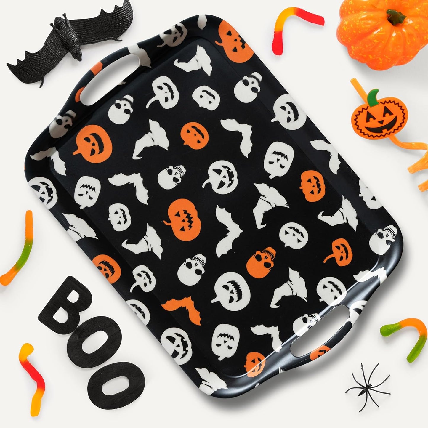 Oasis Choice 2-Pack Halloween Bamboo Fiber Serving Trays - 18x13 Inch Large Platters w/Handles for Horror Party, Birthday,BBQ, Buffet - Pumpkin, Bat & Skeleton Decor (Spooky Black, 18inch)