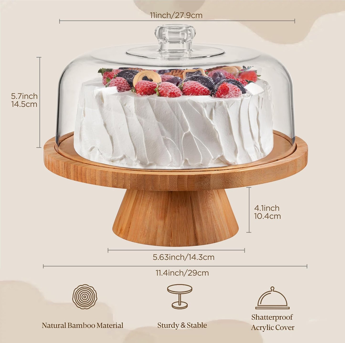 HBlife Cake Stand with Lid (11.4"), Multifunctional Cake Stand with Acrylic Dome, Bamboo 6-in-1 Cake Plate Display Stand with Cover for Baking Gifts, Birthday Kitchen Parties, Weddings