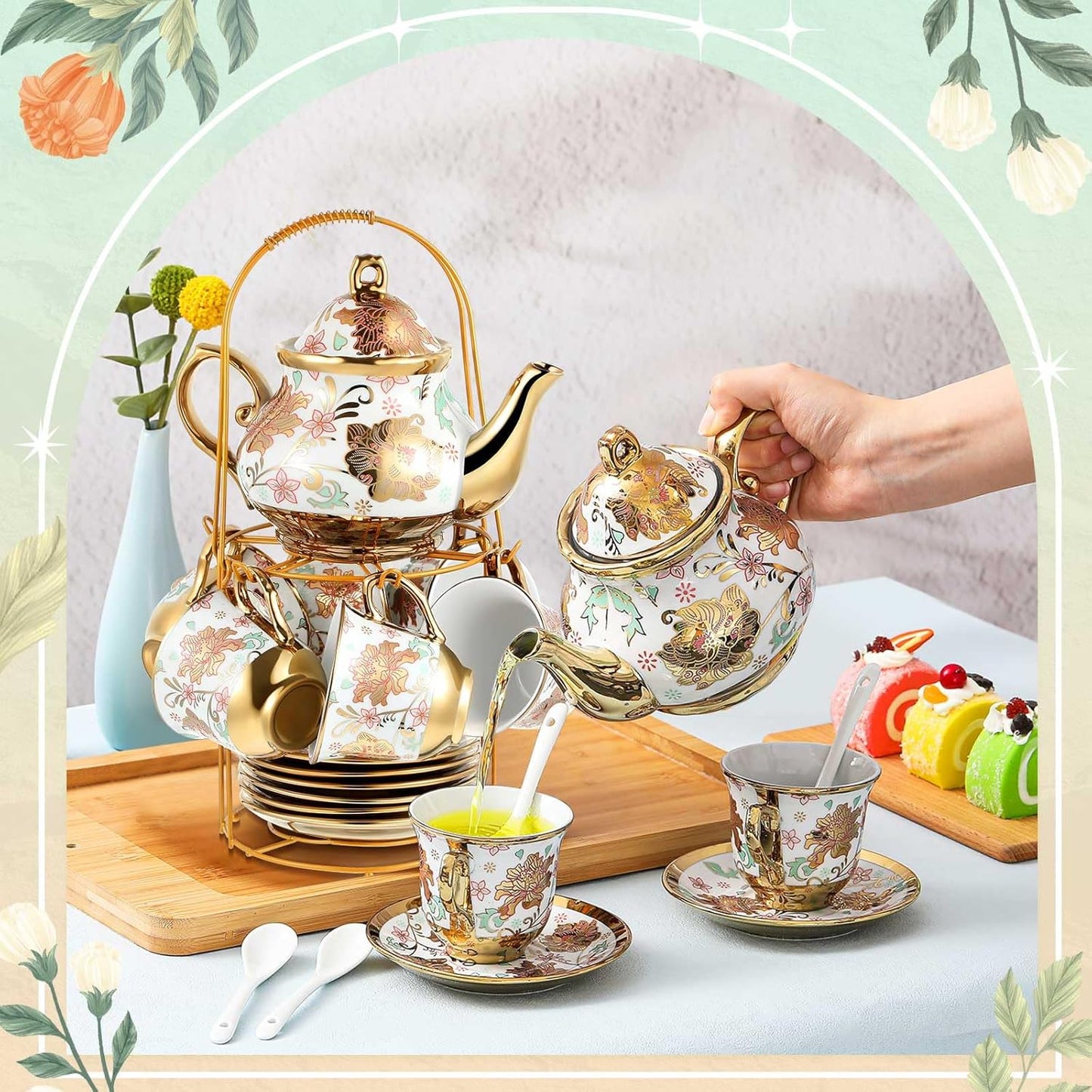 Zhehao 20 Pcs Porcelain Tea Set with Metal Holder and Spoon Adult Ceramic Tea Party Set European Flower Painting Teapot Cup Saucer Spoon Set for Women, Large Version(Elegant Style)