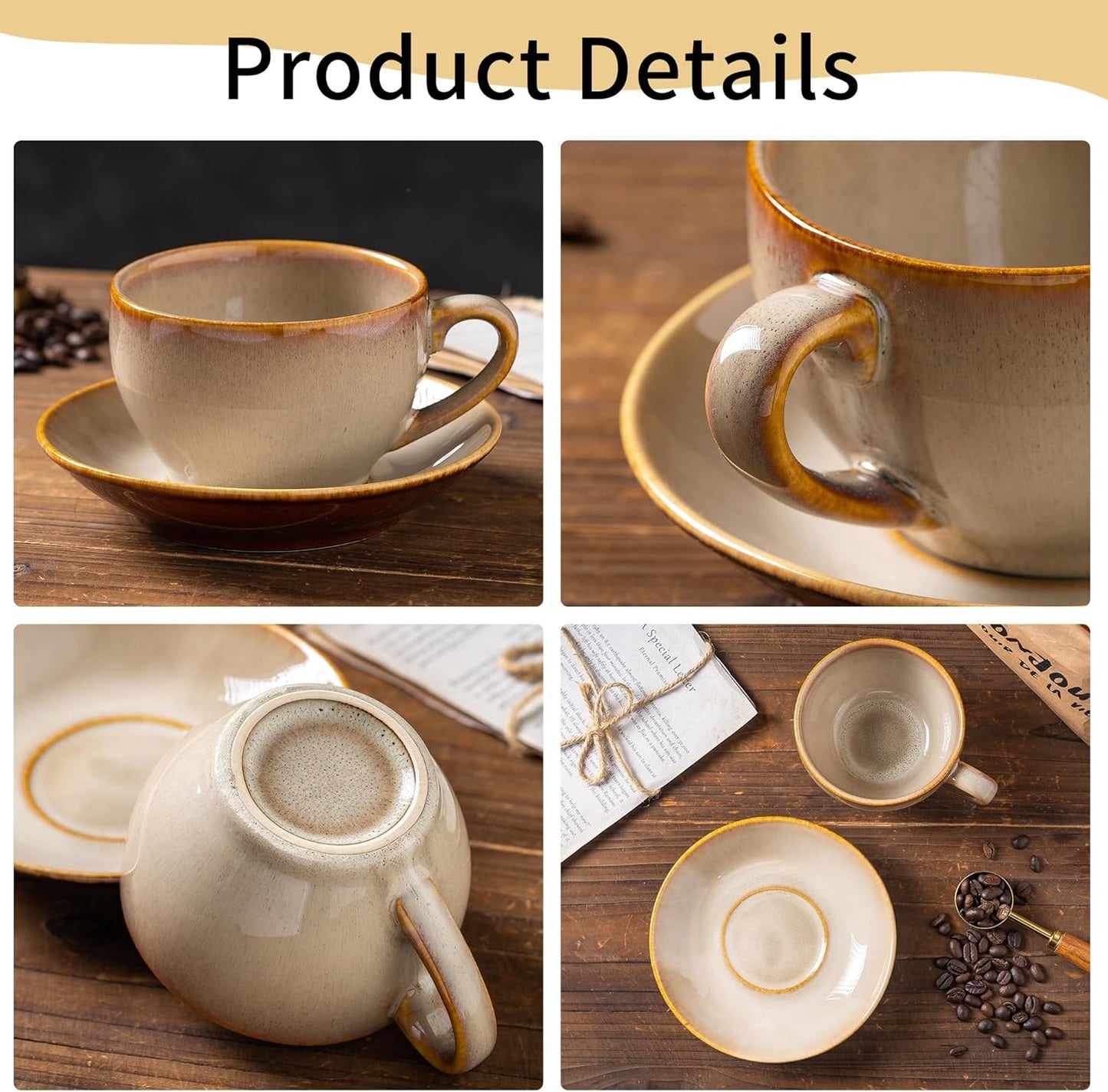 Porcelain Coffee Cup with Saucer Spoon, Vintage Design Ceramic Latte Art Cappuccino Barista Espresso Tea Cup with Saucer (11.6 oz, 350ml, Honey Pomelo Yellow)