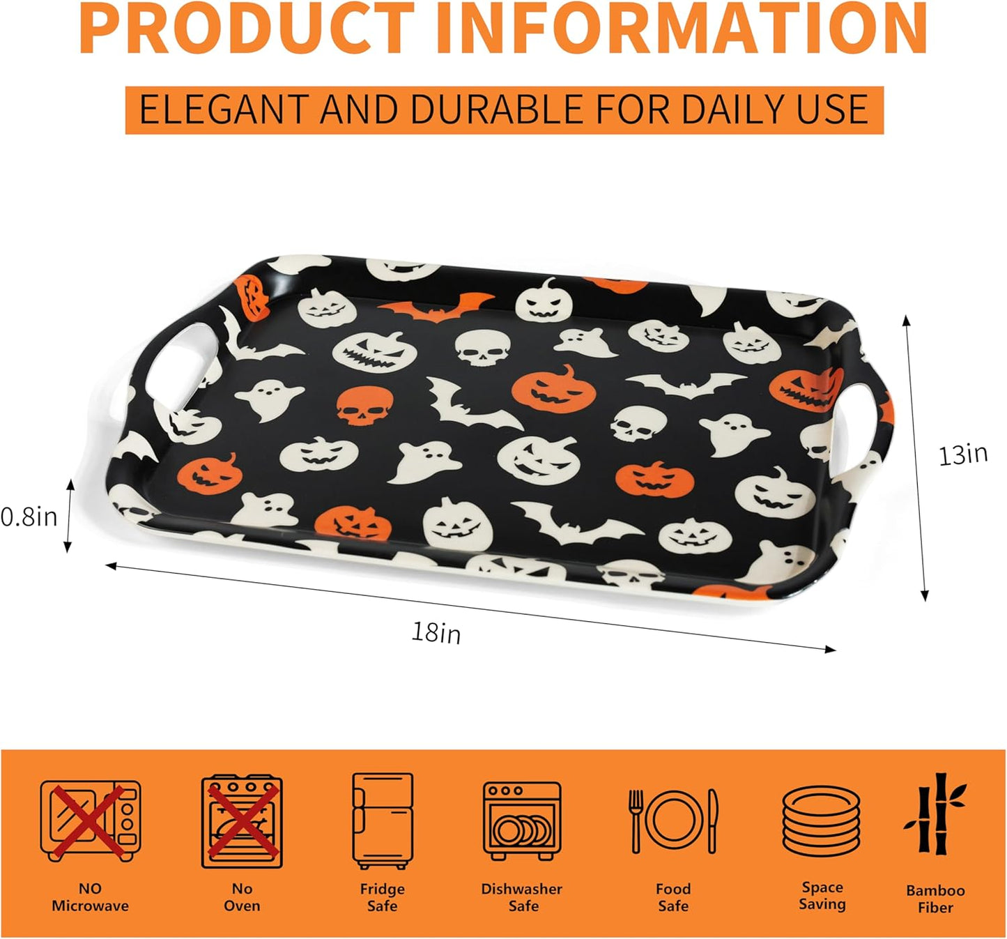 Oasis Choice 2-Pack Halloween Bamboo Fiber Serving Trays - 18x13 Inch Large Platters w/Handles for Horror Party, Birthday,BBQ, Buffet - Pumpkin, Bat & Skeleton Decor (Spooky Black, 18inch)