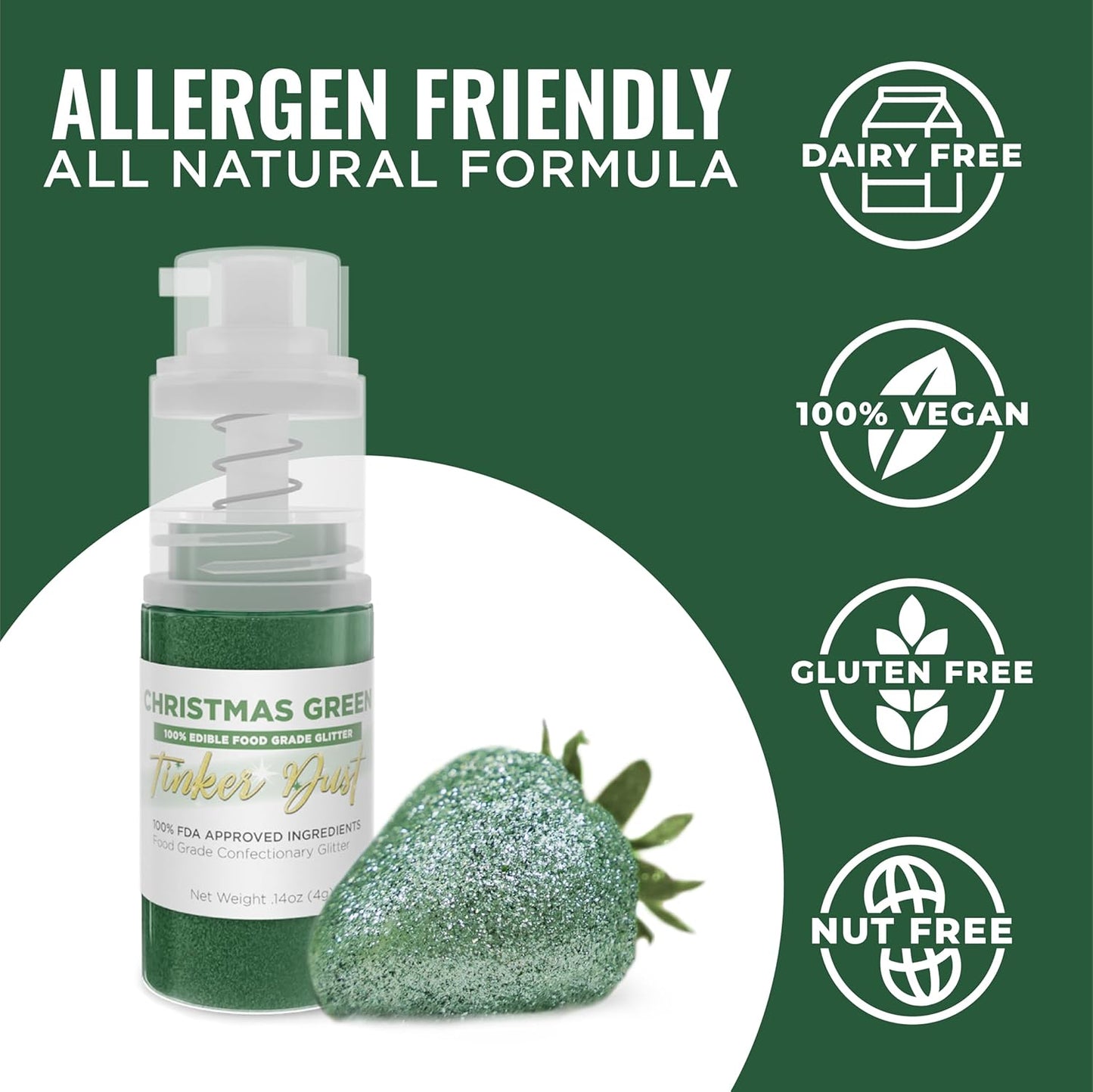 Bakell - Christmas Green Tinker Dust (4g, 1x Mini Spray Pump) Edible Glitter for Food, Desserts, and Beverages!