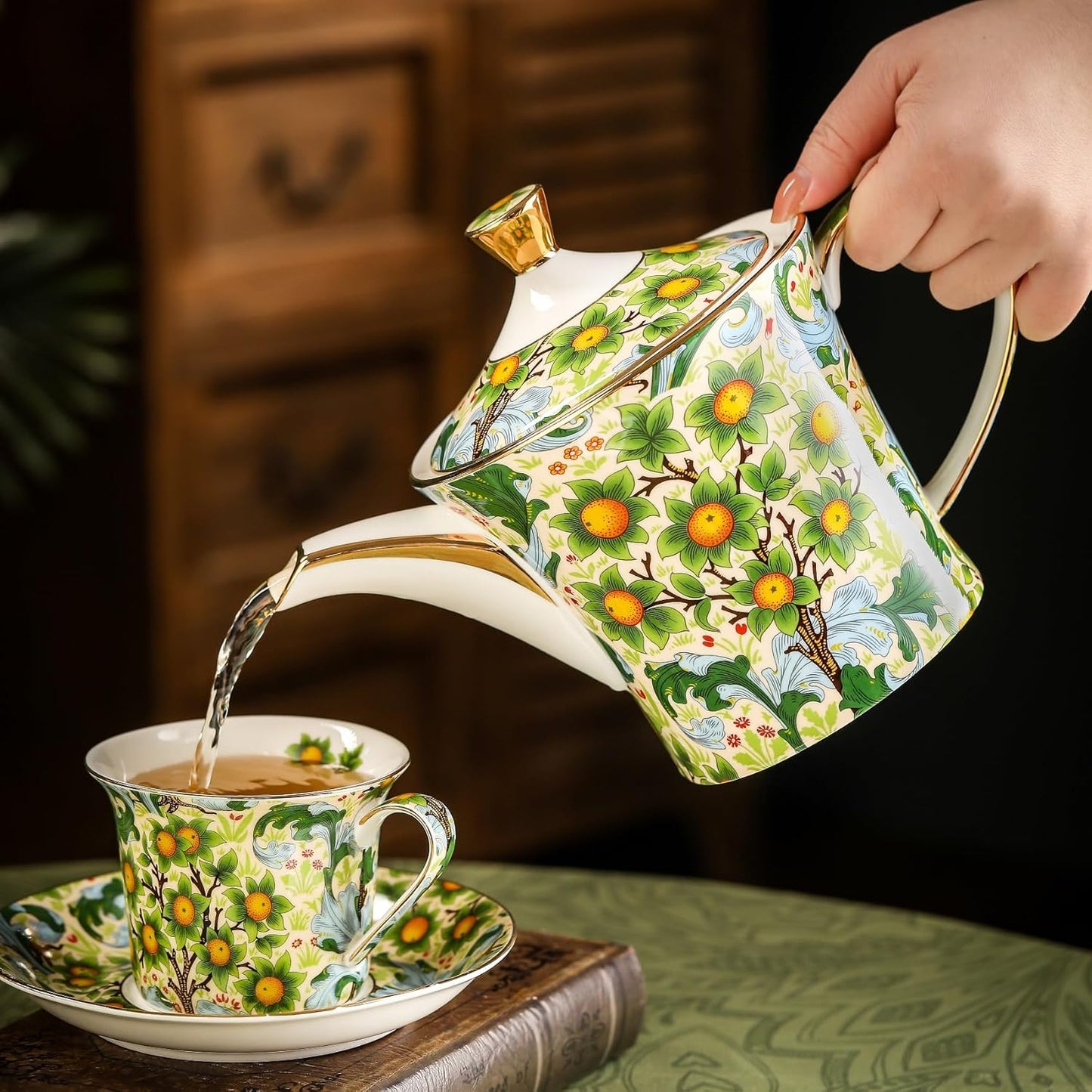 ACMLIFE Tea Set for Adults- Fine China Tea Set for 6, 21-Piece Vintage Coffee Set English Porcelain Tea Pot Sets for Adult Tea Party for Women Gift (Fruits Green, Extra Large 21)