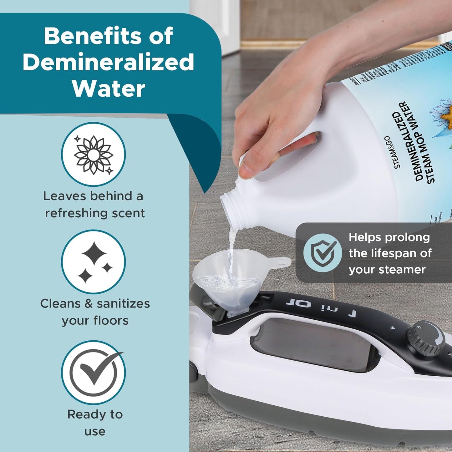 Steam & Go Demineralized Water - Multisurface Cleaner, PVC-Free Ready-to-Use for Mops & Floor Steamers - Ideal for Kitchen, Bathroom, & Home Surfaces - Clean Ocean Scent - 128 fl oz (1 gal)