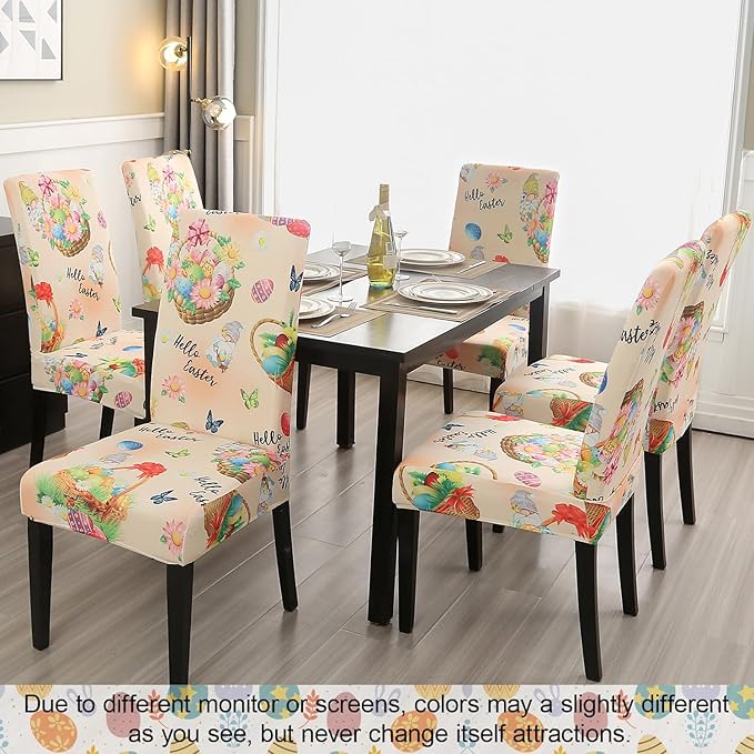 JQinHome Easter Chair Covers Set of 6,High Stretch Removable Washable Chair Seat Protector Cover for Easter Decoration-Easter Theme Decor with Easter Egg Basket