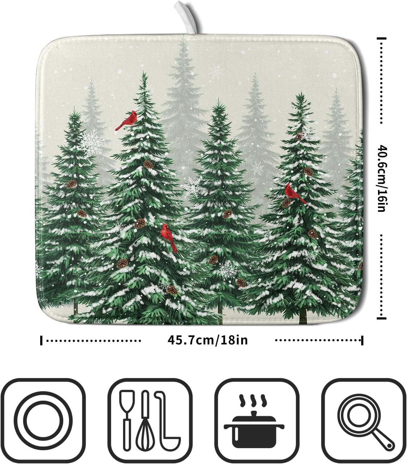 Winter Green Pine Tree Dish Drying Mat for Kitchen Counter,Red Bird Snowflake Drying Mat 16 x 18 Inch with High Absorbent Microfiber Drainer Mat for Coffee Bar