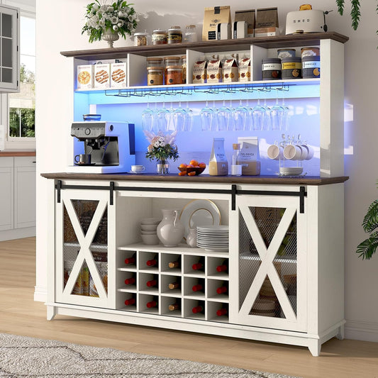 63"Wide 58"H Farmhouse Coffee Bar Cabinet with LED Light,Wine Bar Cabinet w/ 4 Storage Hutch,Kitchen Buffet Cabinet w/Sliding Barn Door & 15 Wine and Glass Racks for Kitchen Dining Room(Antique White)