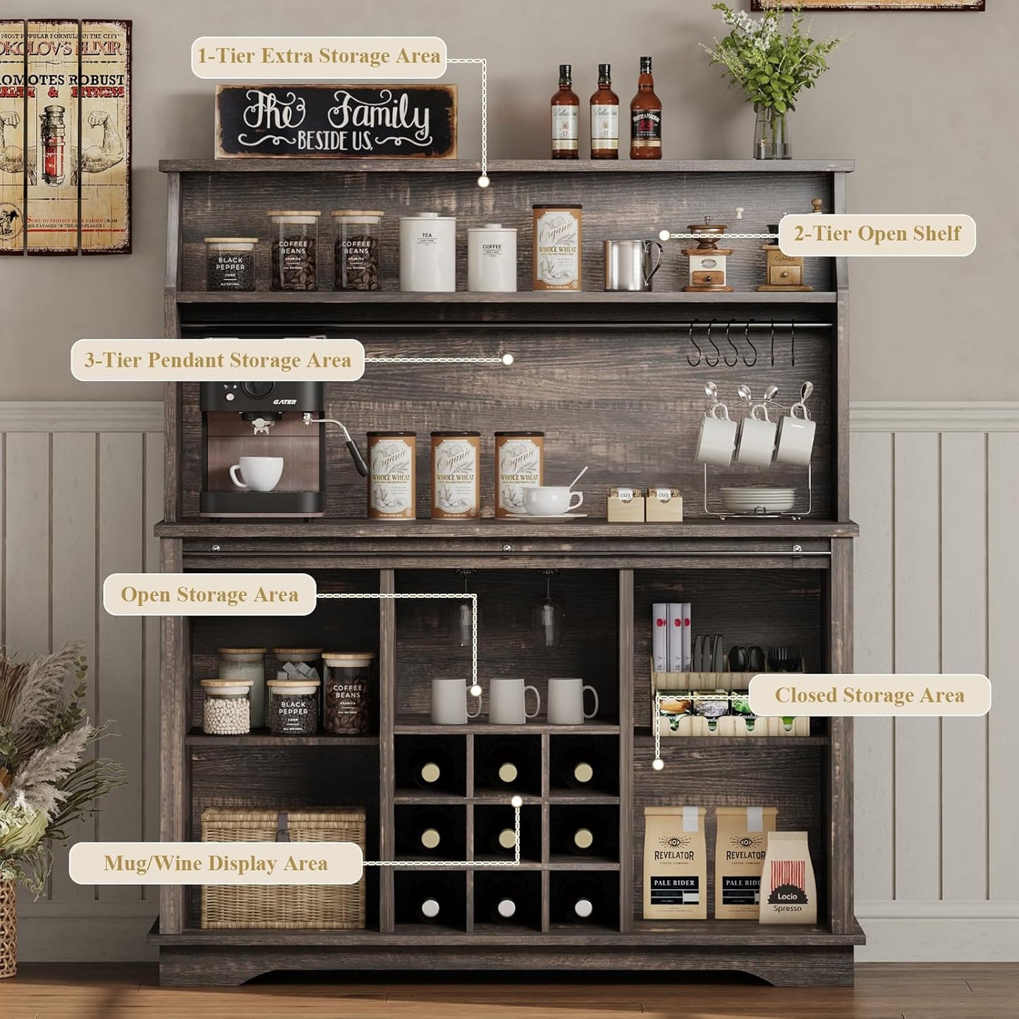 47 Inch Farmhouse Coffee Bar Cabinet with 3-Tier Storage, Coffee Bar Hutch with 9 Wine Racks, 3 Glass Holders, 6 Hooks, Kitchen Storage Cabinets for Dining Living Room, Oak