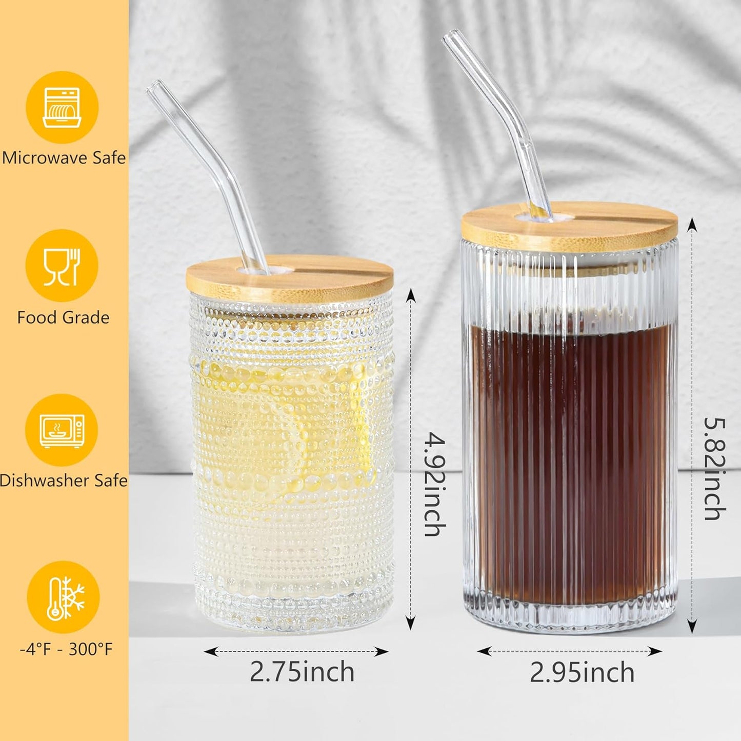 14 oz Drinking Glasses Set of 4 with Bamboo Lids Straws Striped Ribbed Glassware Set Vintage Glass Cups Embossed Iced Coffee Cup for Beer Cocktail Beverage(Ribbed)