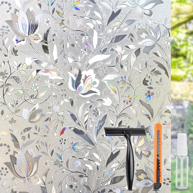 HIDBEA Window Privacy Film, 3D Stained Glass Static Cling - Sun Blocking Anti-UV Heat Control, Reusable Decorative Film for Home/Office Doors, Rainbow Tulip Design (35.4 in x 78.7 in)