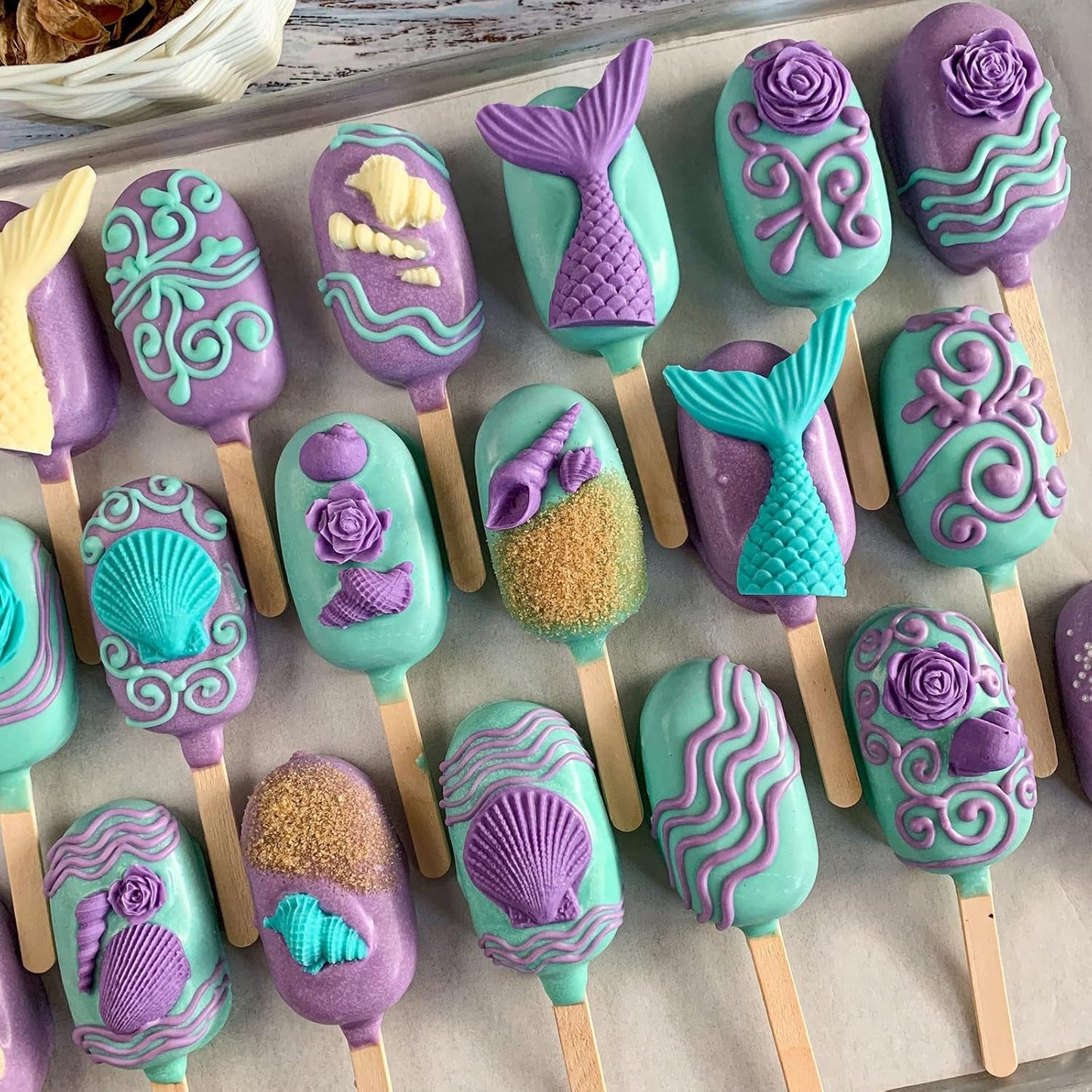 Sakolla Marine Theme Fondant Molds, 4 PCS Mermaid Tail Seashell Conch Starfish Baking Silicone Molds for Cake Decoration Chocolate Soap Crafting