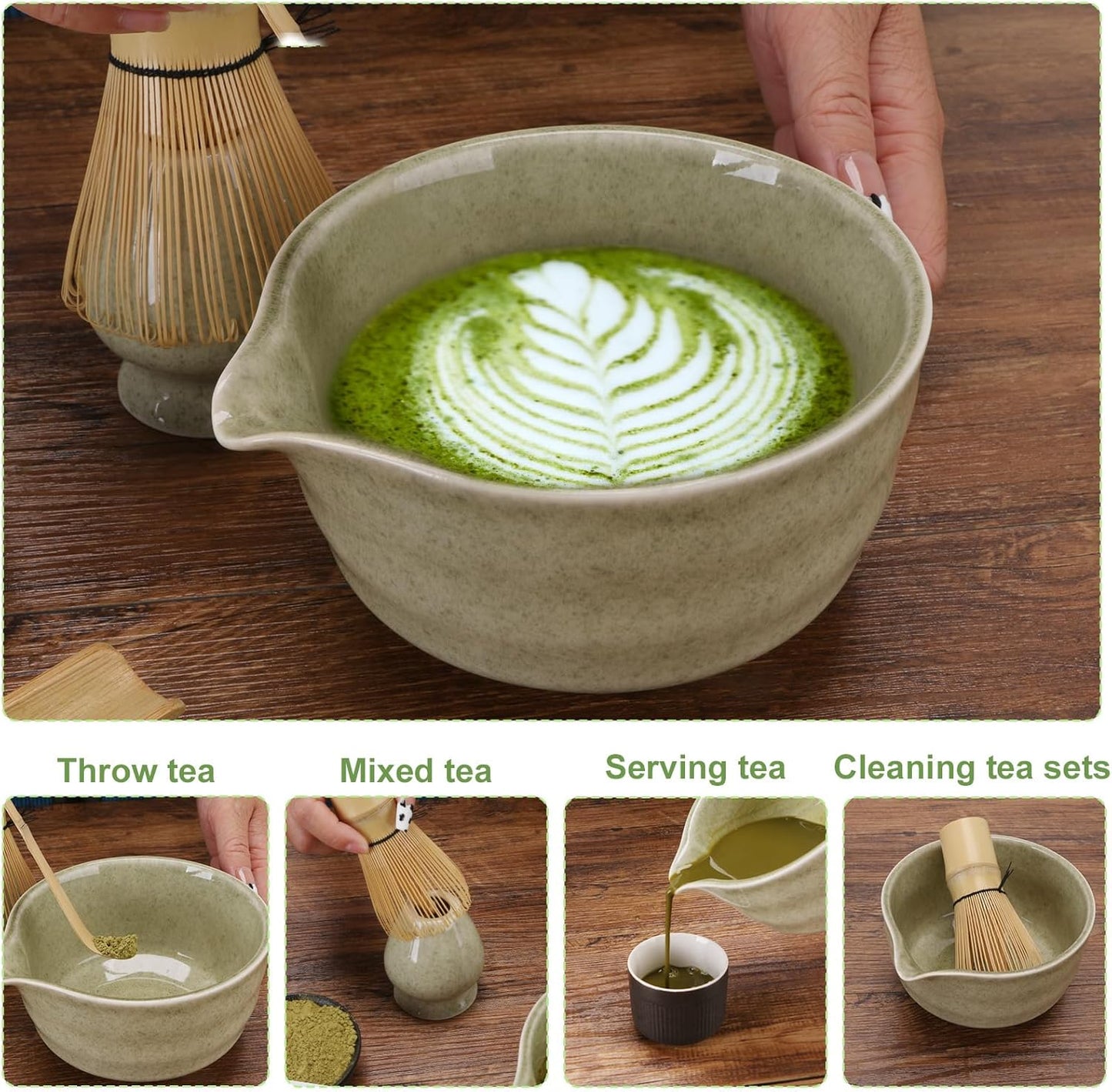 Matcha Whisk Set,5Pcs Japanese Matcha Tea Set - Matcha Bowl with Spout,Matcha Whisk Holder, Bamboo Whisk, 2Pcs Scoop, Matcha Kit Gift for Matcha Lovers Christmas,Matcha Starter Set(Mottled Green)
