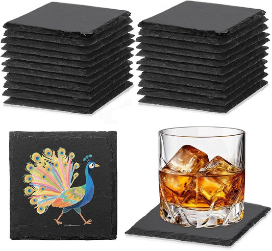 24 PCS Slate Coasters Black Square 4 Inch Bulk Rock, Blank Laser Engraving, Scratch Resistant Bottom, Home Office Kitchen Gift Wedding Bar Party (24 PCS Square Coasters)