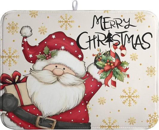 Christmas Santa Themed Dish Drying Mat Winter 18x24 Inch Large Size Drying Pad for Kitchen Counter Snowflake Dish Dry Mats Microfiber Absorbent Kitchen Decor Merry Christmas Coffee Bar Pad