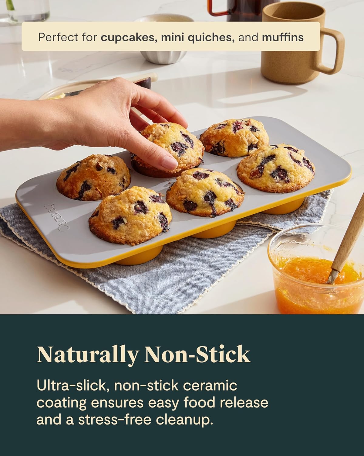 Caraway Nonstick Ceramic 6 Cup Muffin Pan – Non-Toxic, PTFE & PFOA Free – Oven Safe – Aluminized Steel Core – Small Muffin Pan for Baking Cupcakes, Muffins & More - Gray