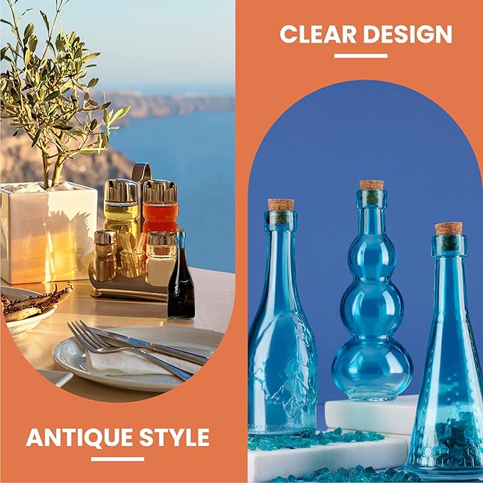 Small Blue Vintage Glass Bottles with Corks, Mini Vases, Decorative, Potion, Assorted Design Set of 12 pcs, 4.6 Inch Tall (11.43cm), 1.4 Inch Wide (3.56cm)