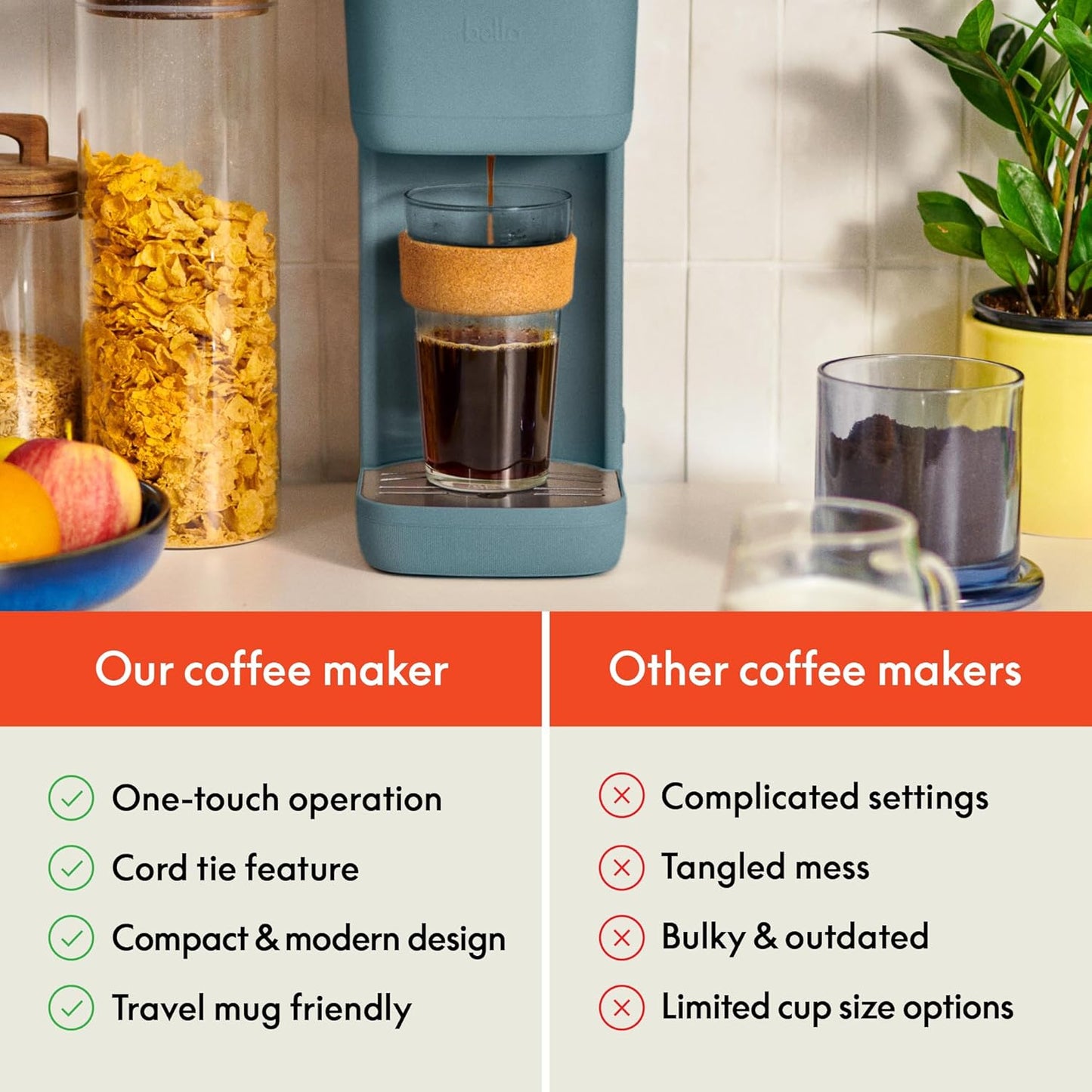 bella Single Serve Coffee Maker, K Cup & Coffee Ground Compatible with Removable, Adjustable Drip Tray, Auto Shutoff & Reusable Dishwasher Safe Accessories, Brews 6oz to 14oz, 1000 Watt, Surf