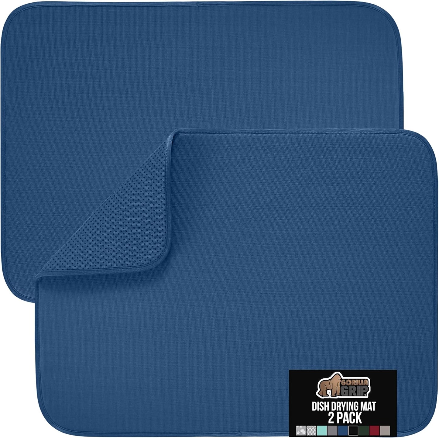 GORILLA GRIP Ultra Water Absorbent Microfiber Dish Drying Mat, 18x24, Quick Dry Thick Mesh, Slip Resistant Pad for Sink Dishes or Under Rack, Kitchen Counter Accessories, Machine Wash, 2 Pack Blue