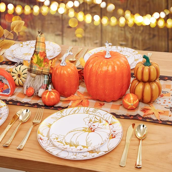FLOWERCAT 60PCS Thanksgiving Plates & Gold Pumpkin Plates - Including 30PCS 10.25inch Thanksgiving Dinner Plates and 30PCS 7.5inch Thanksgiving Dessert Plates for Giving Thanks Theme Party
