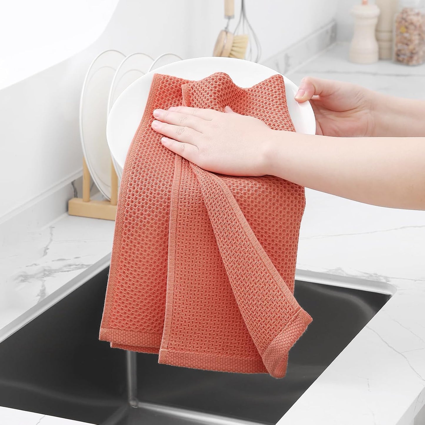 Homaxy 100% Cotton Waffle Weave Kitchen Dish Towels, Ultra Soft Absorbent Quick Drying Cleaning Towel, 13 x 28 Inches, 12-Pack, Coral