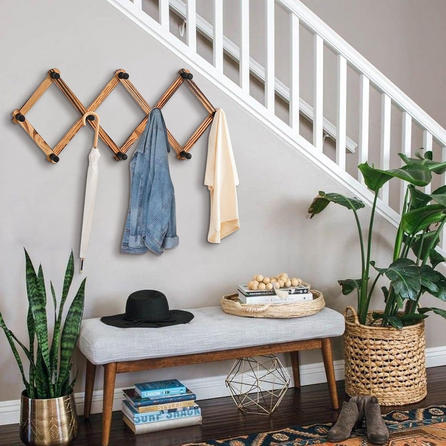 WGFKVAS 2 Pack Accordion Hat Rack for Wall - Expandable Coat Rack & Wall Mounted Hat Holder - Wooden Wall Hanger with 10 Peg Hooks for Coats, Baseball Caps, Keys & Mugs