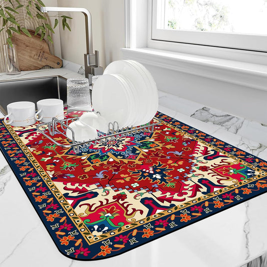 Dish Drying Mat Bohemia Tribal Carpet Texture Kitchen Mat 16"x24" Bsorbent Coffee Maker Mat for Dishes,Utensils Coffee Maker Pots and Pans Easy Clean Dish Slip Resistant Pad