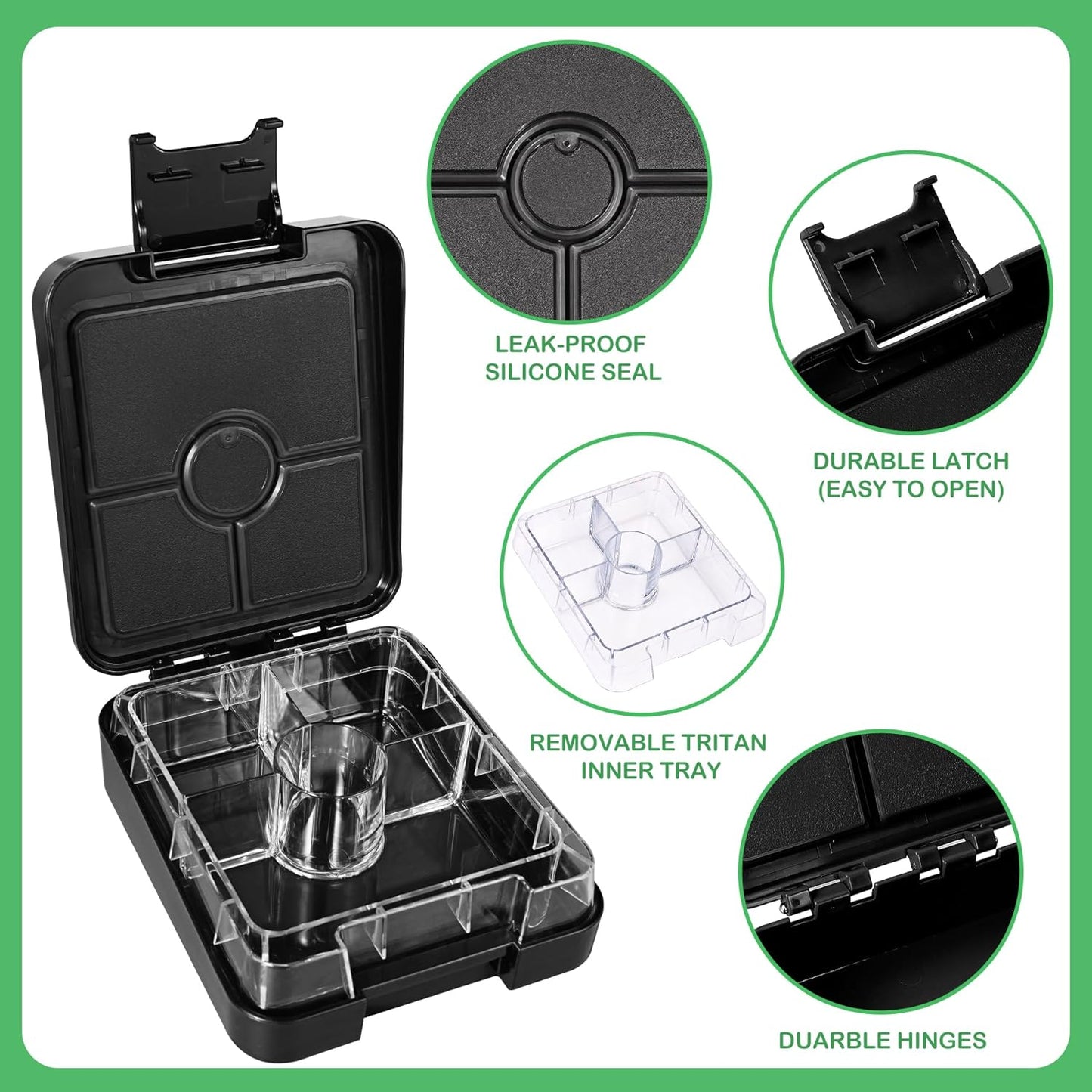 Bento Lunch Box Set With 10oz Soup Thermo, Leak-proof Lunch Containers with 4 Compartment, Kids Hot Thermo Food Jar/Insulation Lunch Bag, Food Containers for School (Black)