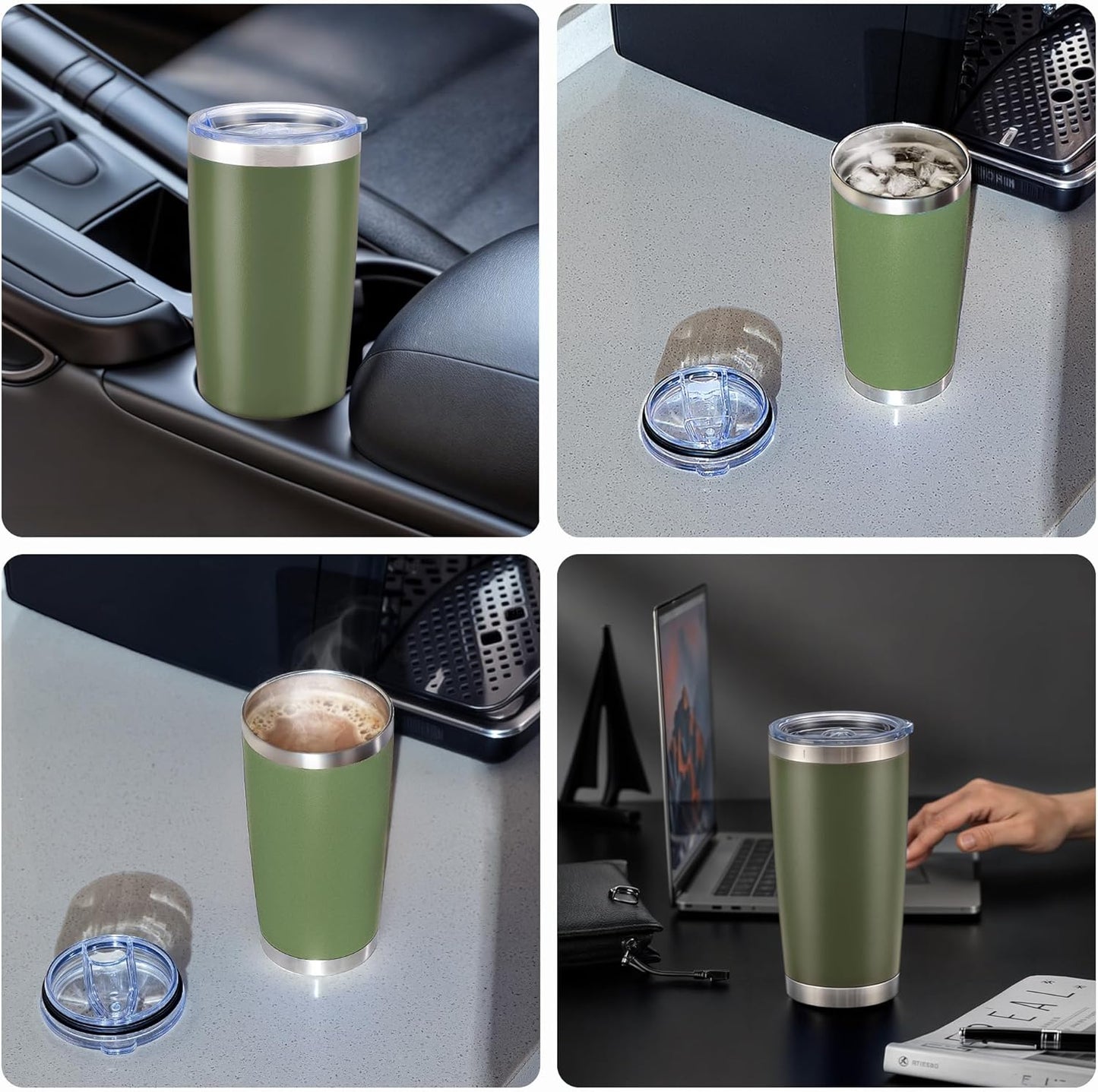 OMTech 20oz Tumblers Bulk, 12pc Stainless Steel Tumbler Set with Lid & Straw, Double Wall Vacuum Insulated Mug for Laser Engraver, Travel Coffee Mug for Hot & Cold Drinks, Army Green Powder Coated Cup