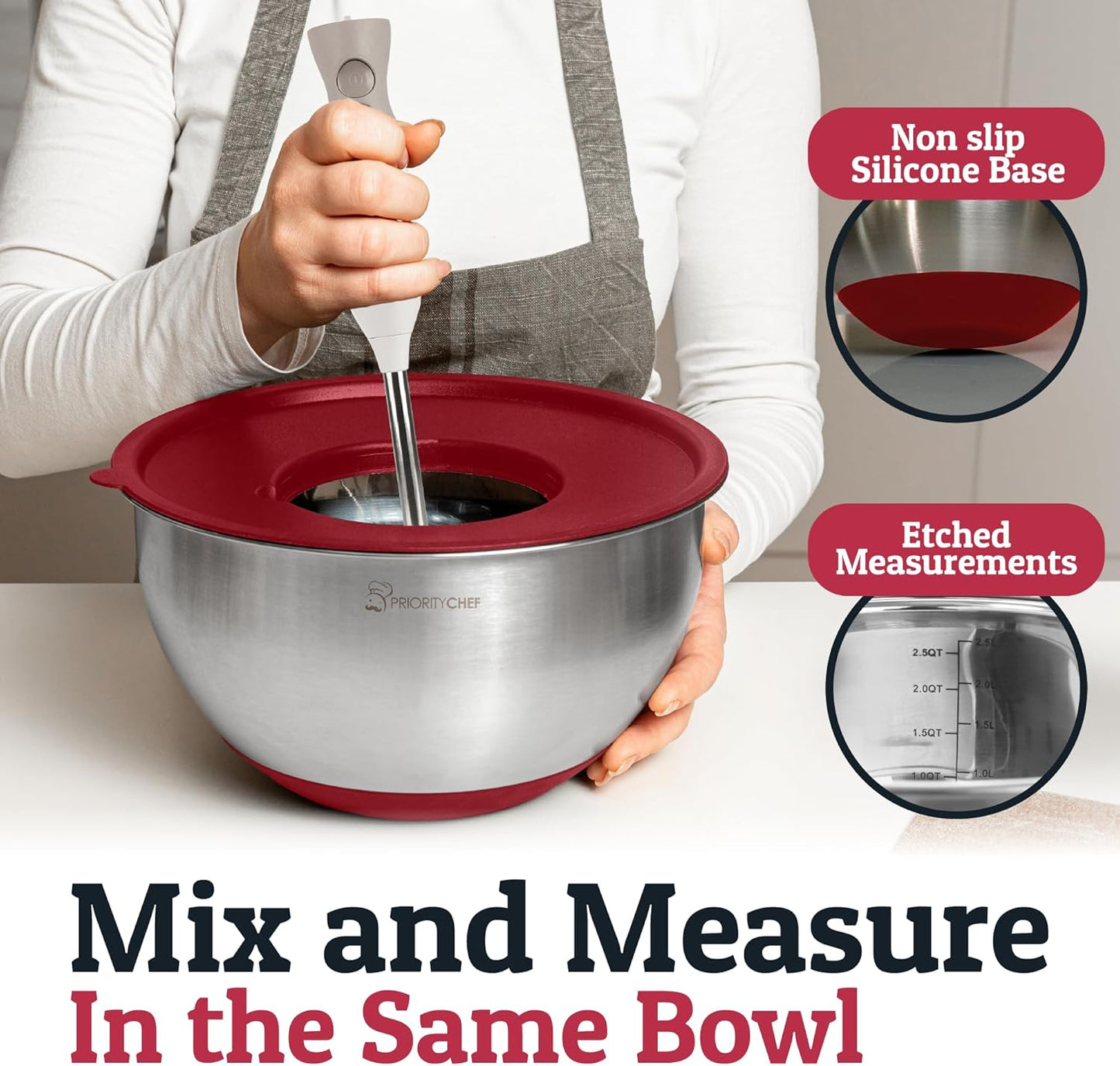 Priority Chef Stainless Steel Mixing Bowls with Lids Set, 3 Grater Attachments, Airtight Lids, Non-Slip Silicone Base Mixing Bowl Set, Large Prep Metal Mixing Bowls for Kitchen, Red