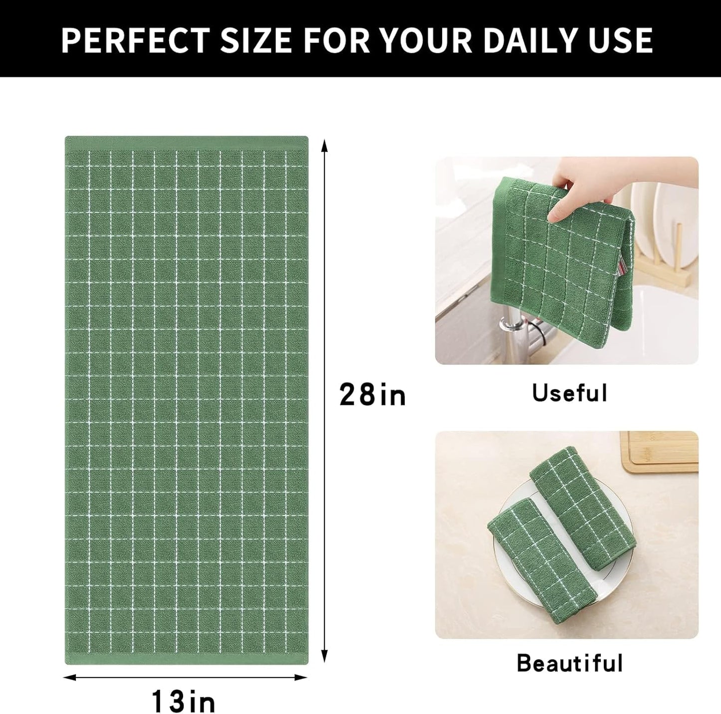 Homaxy 100% Cotton Terry Kitchen Towels(Grass Green, 13 x 28 inches), Checkered Designed, Soft and Super Absorbent Dish Towels, 12 Pack