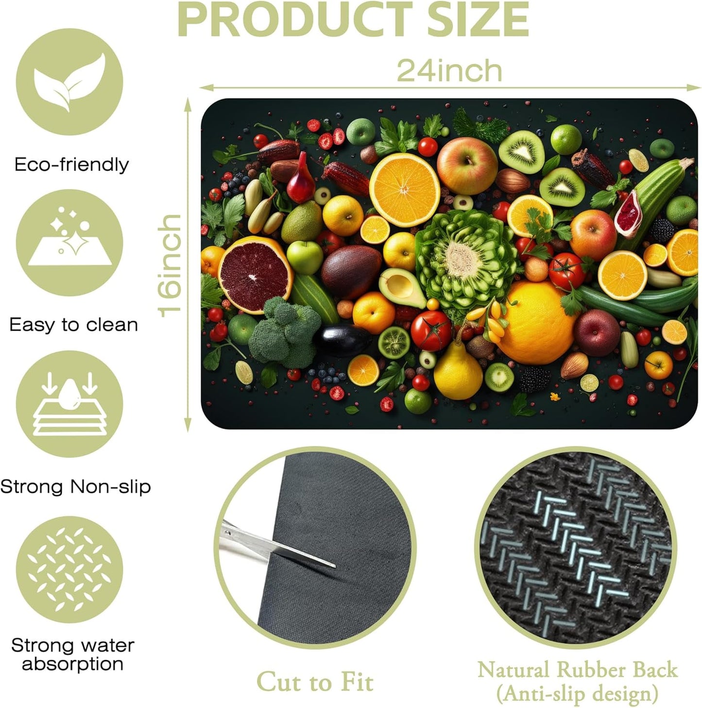 Kitchen Mat Fruits Vegetables Dish Drying Mat 16"x24" Bsorbent Coffee Maker Mat for Sink Dishes or Under Rack Kitchen Counter Accessories Absorbent Hide Stain Rubber Backed Dish Drying Pad