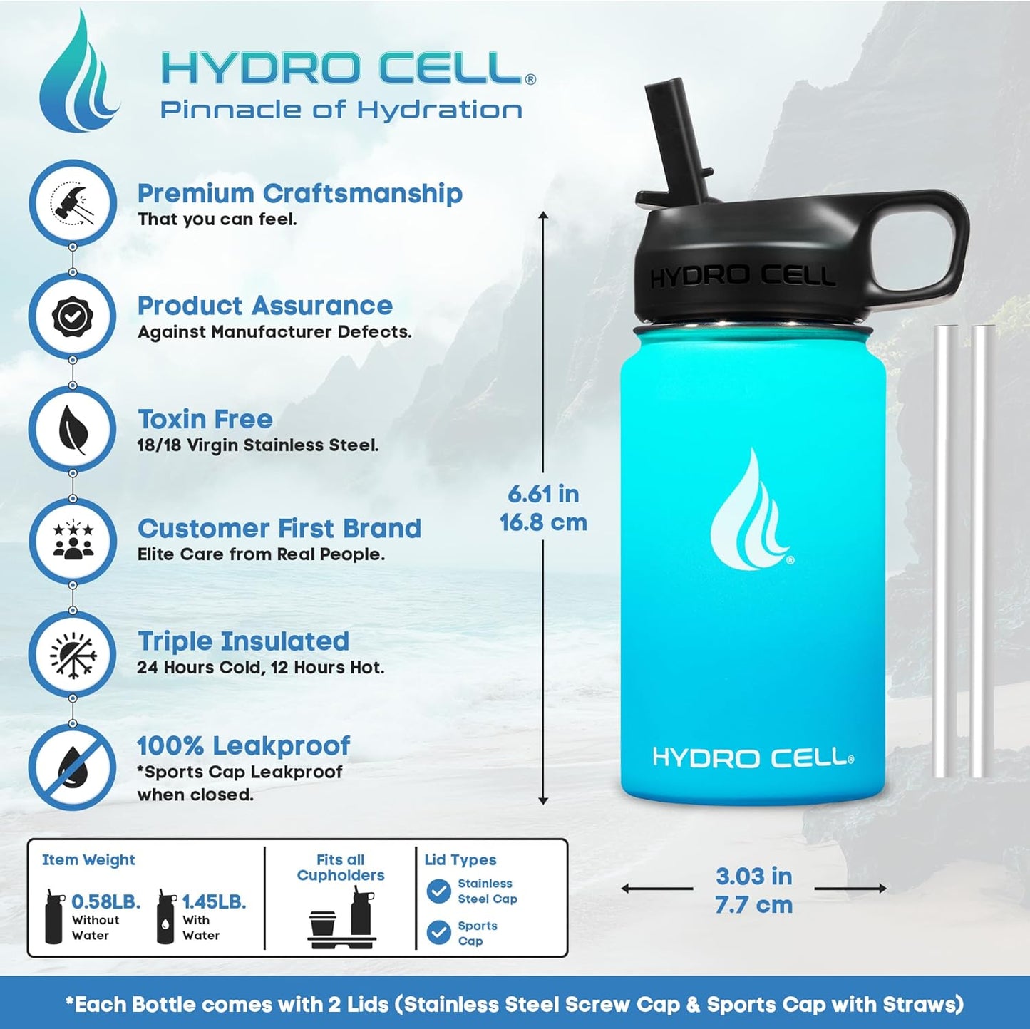 HYDRO CELL Stainless Steel Insulated Water Bottle with Straw - For Cold & Hot Drinks - Metal Vacuum Flask with Screw Cap and Modern Leakproof Sport Thermos for Adults (Teal/Blue 14oz)