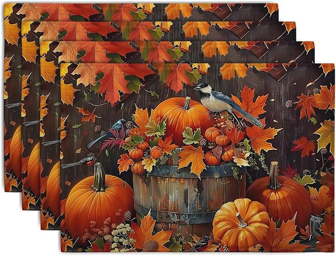 Pumpkin Maple Leaf Bird Fall Placemats Set of 4 Autumn Thanksgiving Seasonal Holiday Harvest Linen Table Mats Orange Brown Washable Place Mats for Party Kitchen Dining Outdoor Indoor Decor
