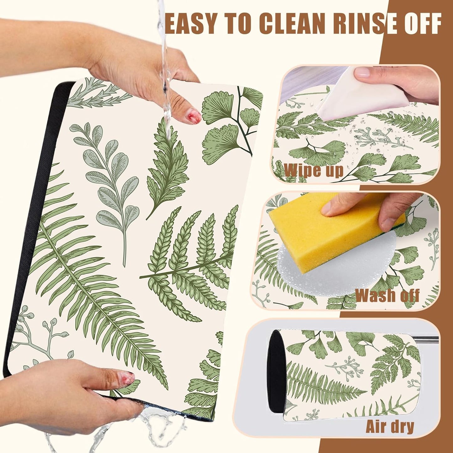 Leaves and Herbs Dish Drying Mat for Kitchen Counter Coffee Bar Mat Hide Stain Absorbent Rubber Backed Dish Drainer Rack Pad Coffee Maker Espresso Machine Table Accessories 15.7 x 23.6 Inch