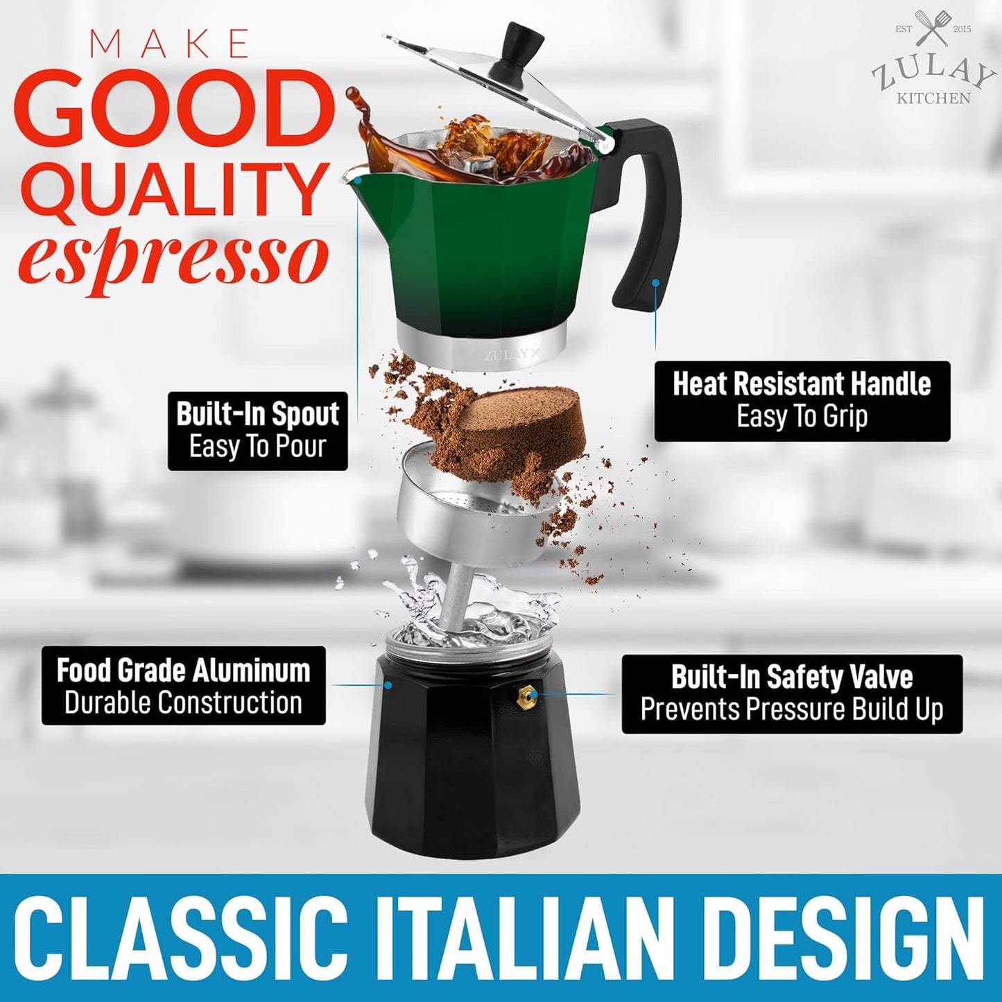 Zulay Kitchen Stovetop Espresso Maker - Moka Pot 6 Espresso Cups - Percolator Coffee Maker for Classic Cuban & Italian Style Espresso - Portable Coffee Maker for Camping & Travel - (Green/Black)