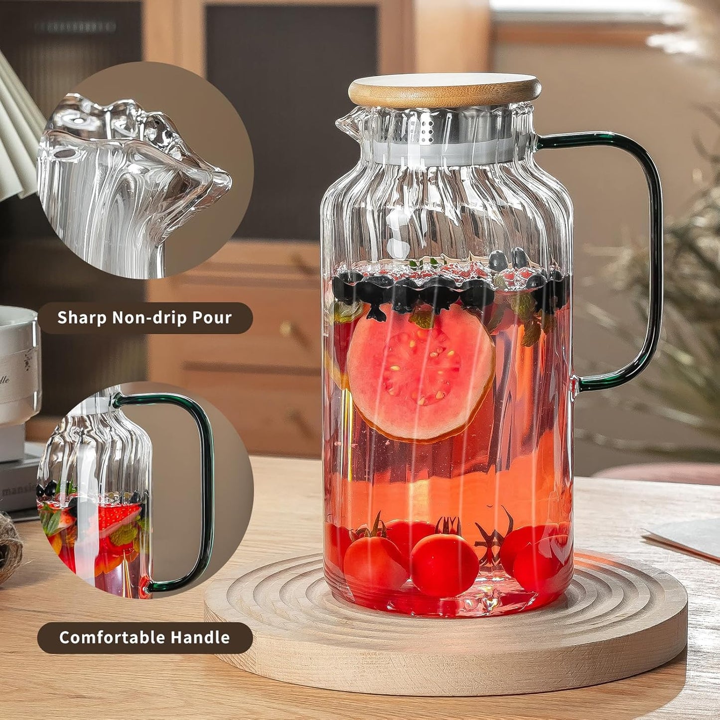 2 PACK Glass Pitcher with Lid, 68 oz/ 2 Liter Classic Vertical Stripes Water Pitcher with Bamboo Lids,Glass Water Carafe for Cold Brew, Coffee, Lemonade, Iced Sun Tea,Beverage,Milk