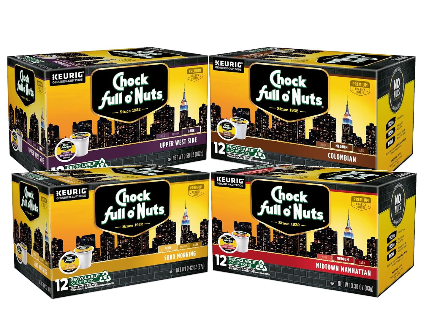Chock full o’Nuts Variety Pack Keurig K-Cup Pods for Keurig Brewers – Premium Arabica, Mild, Medium and Dark Roast – Single Serve – 4 Packs of 12 K-Cup Pods