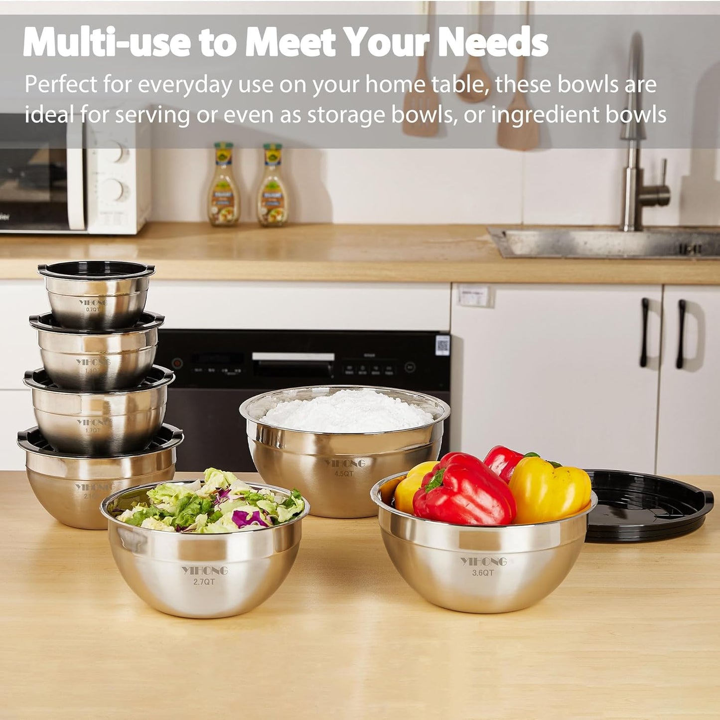 YIHONG 7 Piece Metal Mixing Bowls with Lids for Kitchen, Stainless Steel Set Ideal for Baking, Prepping, Cooking and Serving Food, Nesting Design for Space Saving Storage(Black)