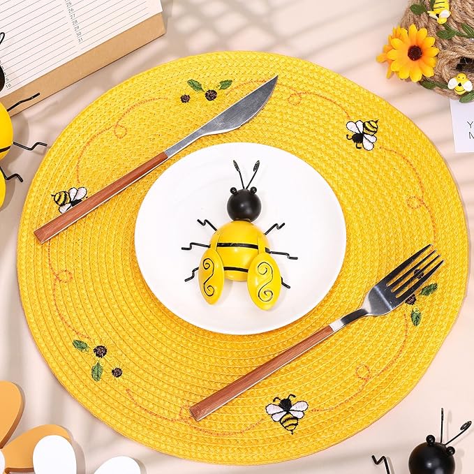Whaline 4Pcs Round Placemats Bee Sunflower Embroidered Place Mats Bee Floral Dinner Table Mats for Home Spring Summer Holiday Birthday Baby Shower Party Decor
