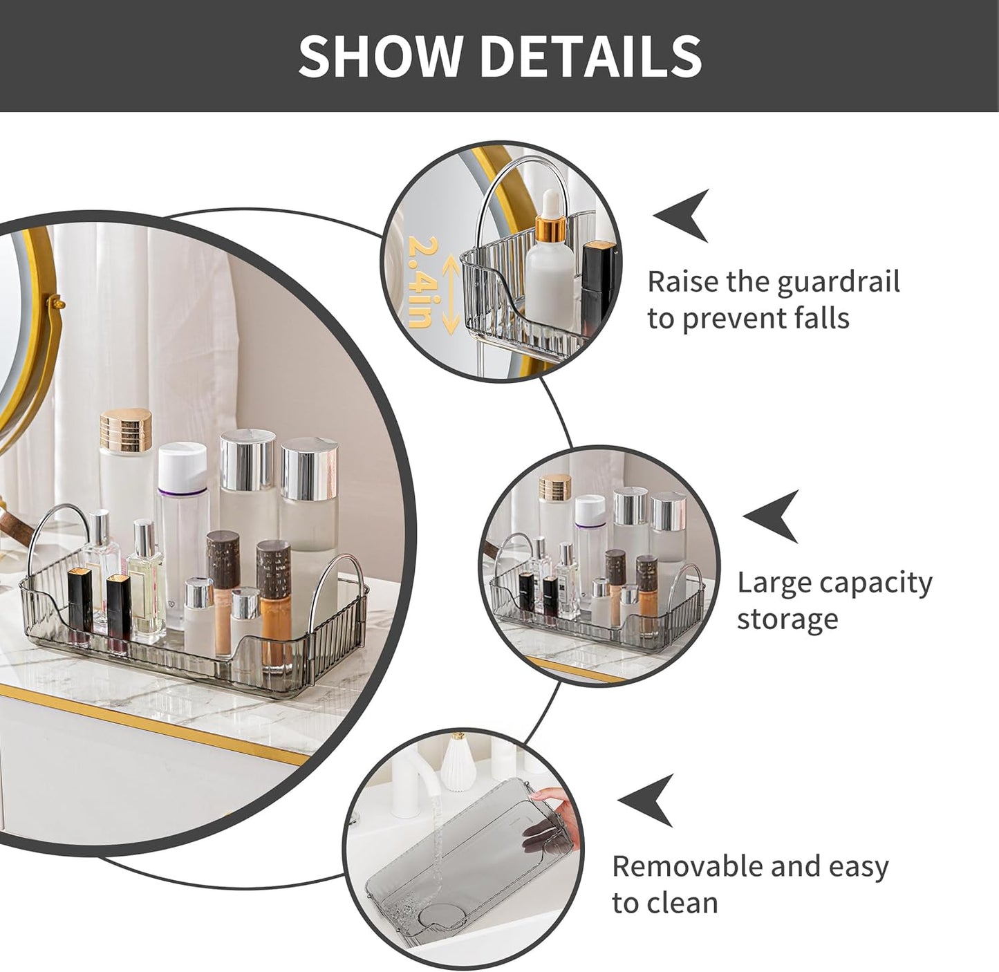 YCIA&DONE Bathroom Organizer Countertop, Makeup Storage, Skincare Cosmetic Tray Shelf, Perfume Holder Rack for Vanity Counter, Large Capacity, Easy to Install, Clean, 1 Tier, Smoky Gray