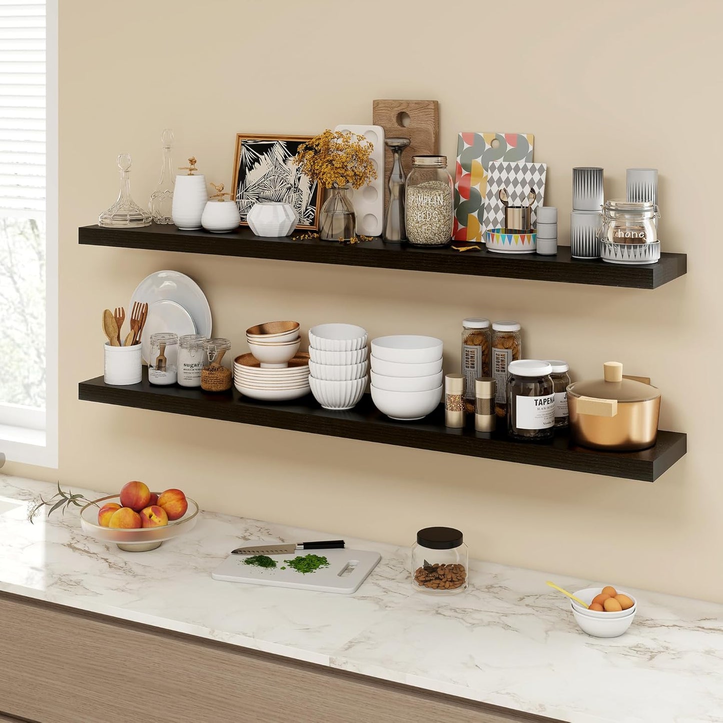 55 Inch Floating Shelves, 9.3" Deep Floating Shelf Wall Mounted, 56" Wall Shelves, Rustic Deep Bookshelf, Large Display Shelves & Storage Shelves for Bedroom, Living Room, Black, Set of 1