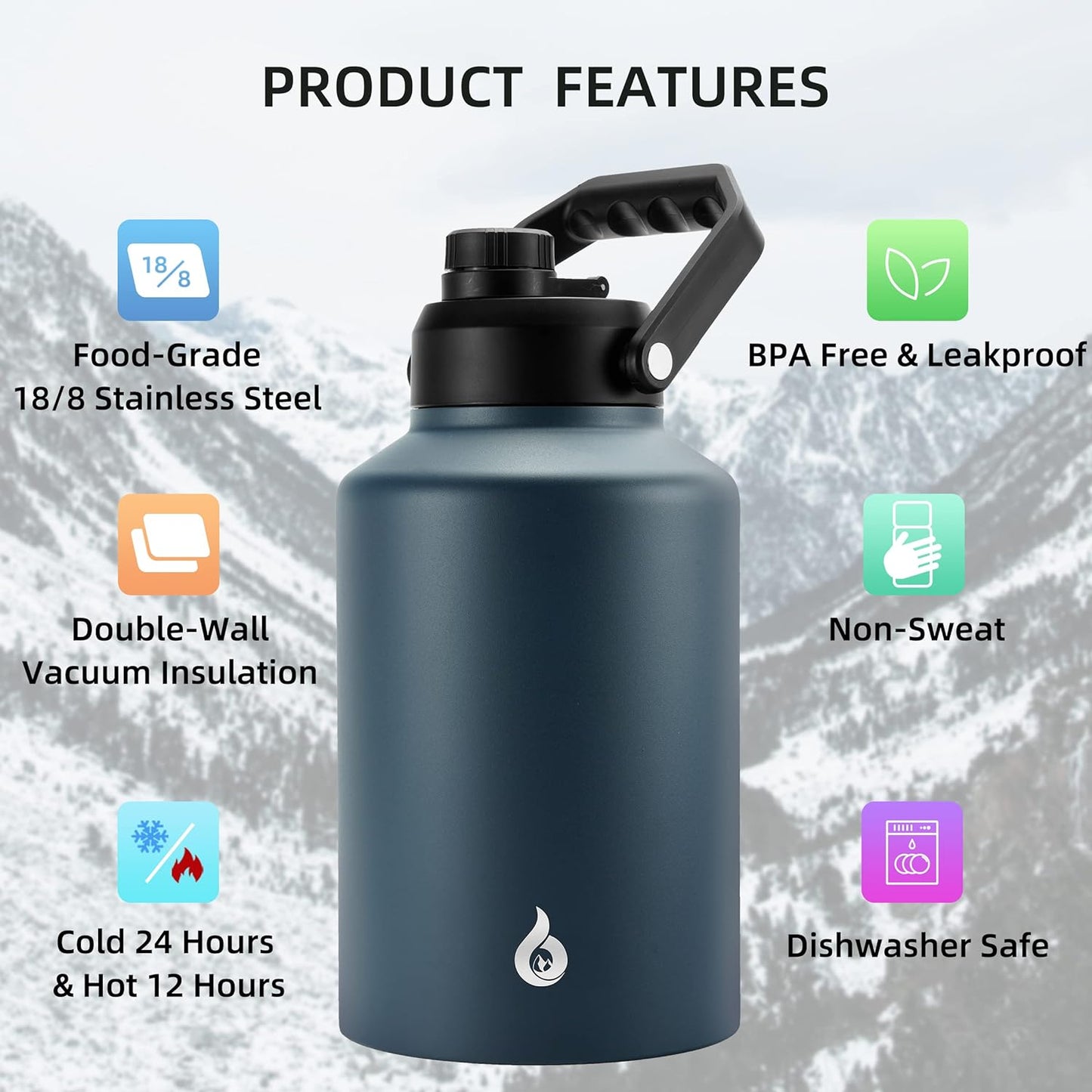 BJPKPK One Gallon(128 oz) Insulated Water Bottle, Dishwasher Safe Stainless Steel Thermos, BPA Free Jug with Ergonomic Handle & Anti-slip Bottom, Large Water Bottle, Navy Blue
