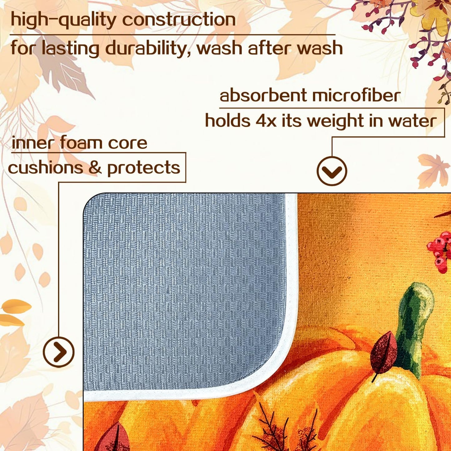 Autumn Fall Dish Drying Mat Harvest Pumpkin Maple Leaf 18 X 24 Inch For Kitchen Counter Reversible Dish Drying Pad Water Absorbing And Drying Mat For Kitchen Coffee Bar Decoration