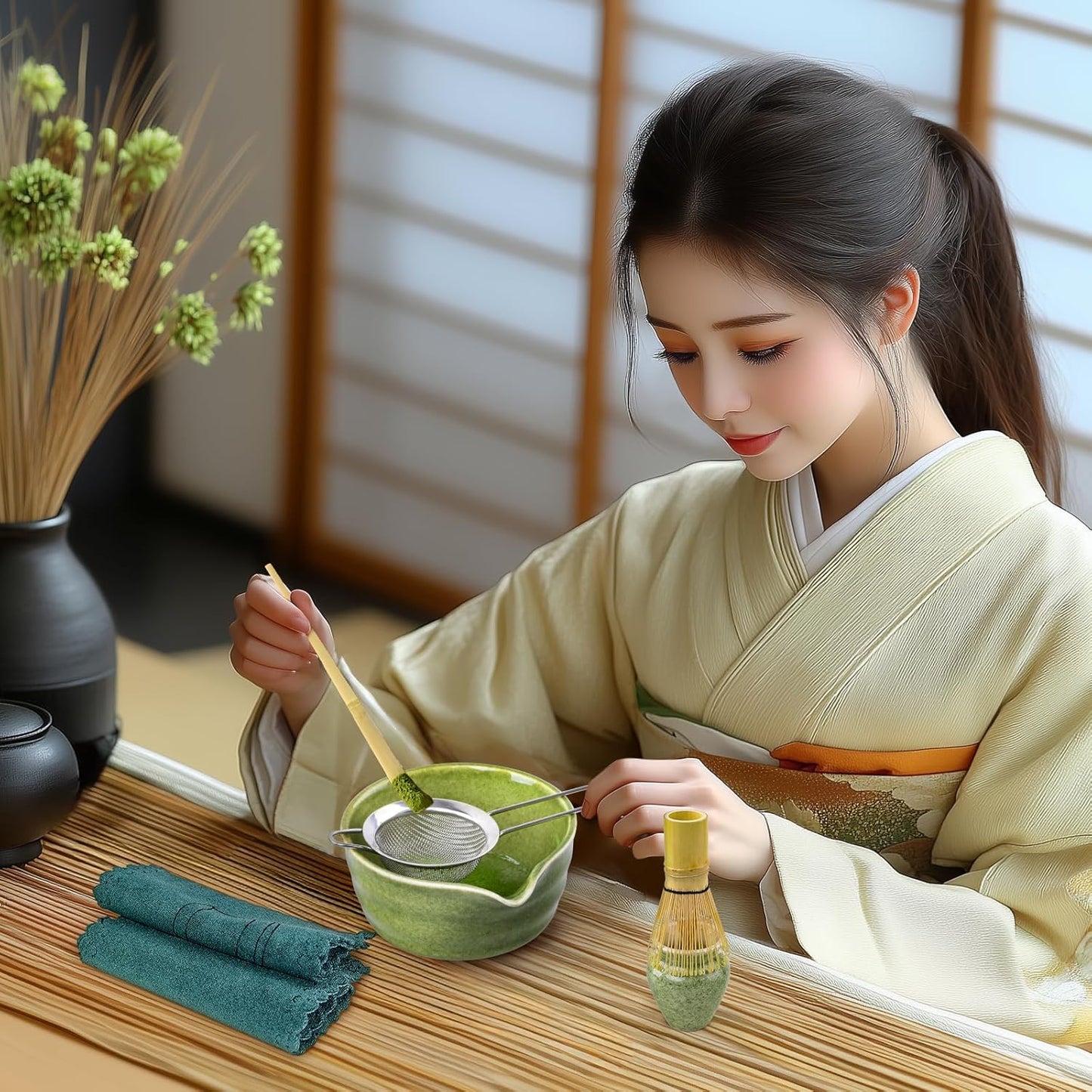 Matcha Set, 9 Pcs Japanese Matcha Whisk Set Matcha Tea Set for Traditional Tea Ceremony, Ceramic Matcha Kit for Matcha Drinks Matcha Set Whisk and Bowl Gift for Starters & Matcha Lover, Green