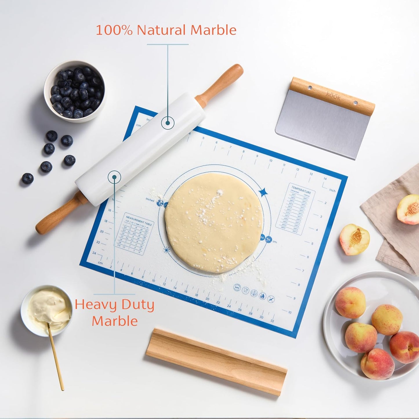 Kook Marble Rolling Pin Set, 18 Inch Rolling Pin with Beechwood Handles, Wooden Holder, Metal Scraper, Silicone Mat, Nonstick, for Baking Pizza Dough, Pastries, Tortillas