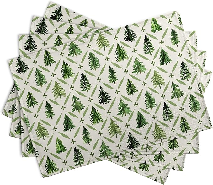 Sage Green Pine Tree Christmas Placemats Set of 4 Xmas Farmhouse Rustic Style Print Place Mat Seasonal Winter Holiday Linen Table Mats for Indoor Outdoor Kitchen Dining Party Decor