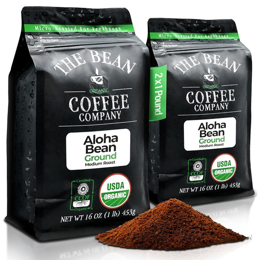 The Bean Organic Coffee Company Aloha Bean (Hawaiian Hazelnut), Medium Roast, Ground Coffee, 16-Ounce Bags (Pack of 2),Café molido tostado organico
