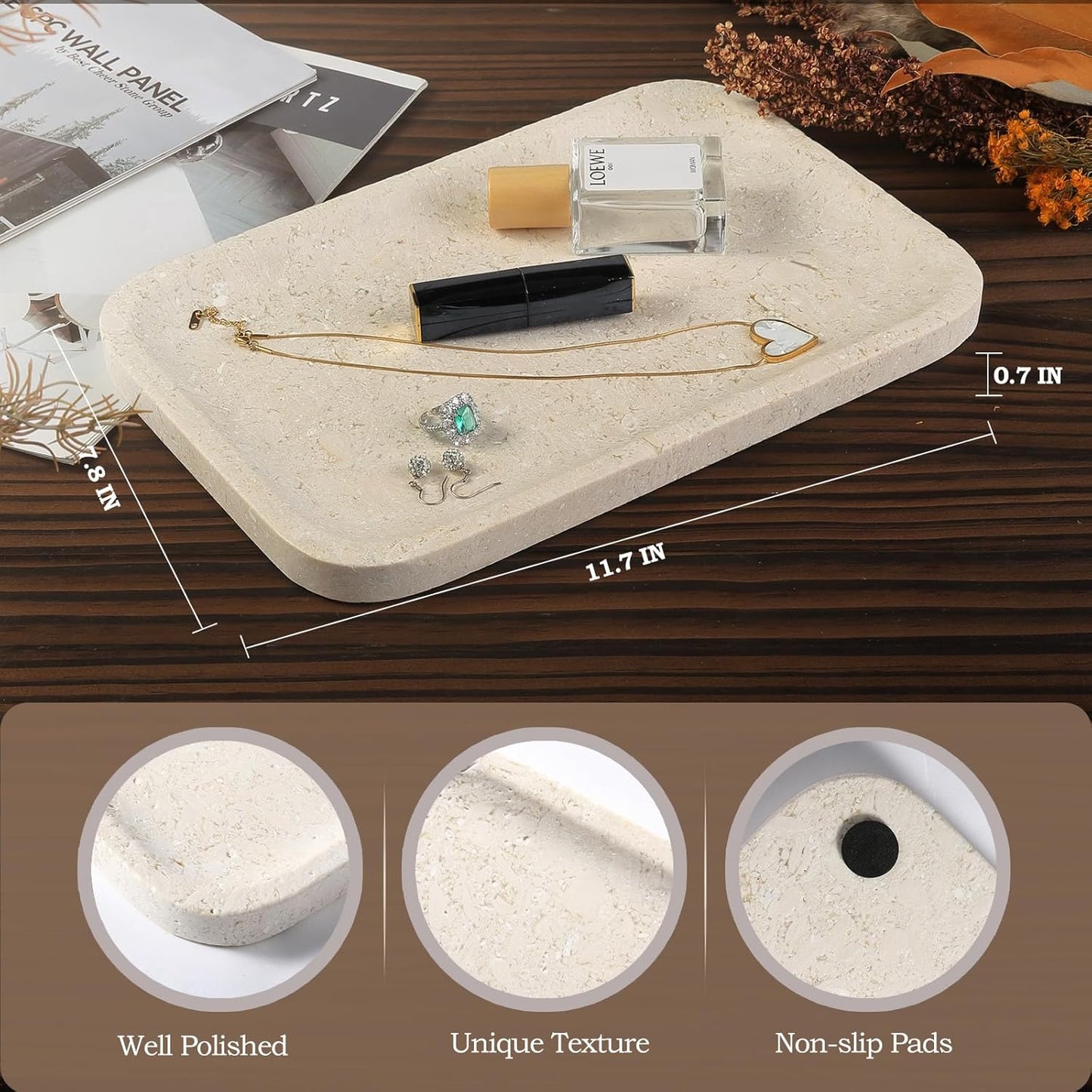 Koville Marble Tray, 12"x8" Marble Vanity Tray for Bathroom Kitchen Countertop, Rectangular Stone Tray for Cosmetics Perfume Trinket, Decorative Catchall Trays (12"x8"-Brown)