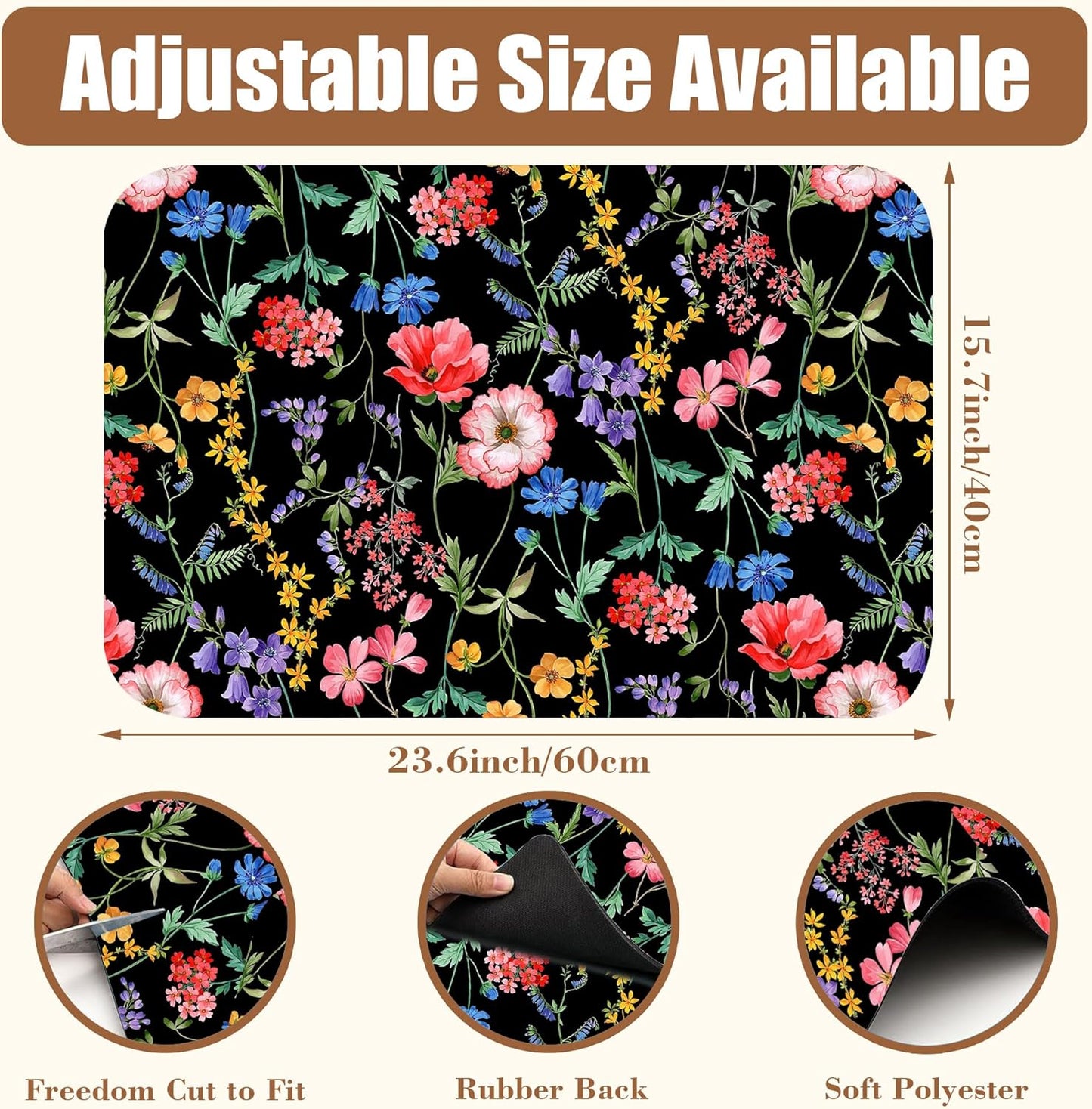 Beautiful Flowers Dish Drying Mat for Kitchen Counter Coffee Mat Hide Stain Absorbent Rubber Backed Drying Rack Pad Espresso Machine Coffee Bar Accessories 15.7 x 23.6 Inch